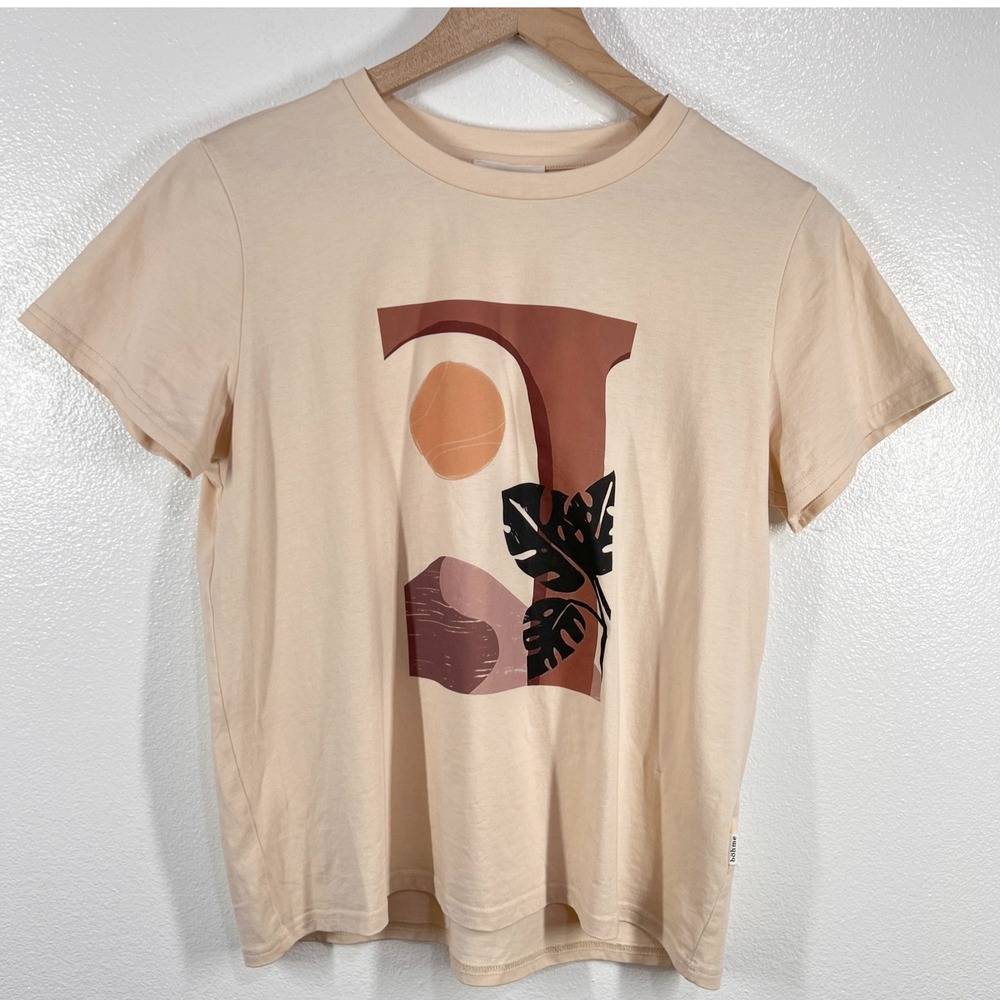Böhme Graphic Tee Abstract Print Short Sleeve‎ Casual Top Beige Size Small